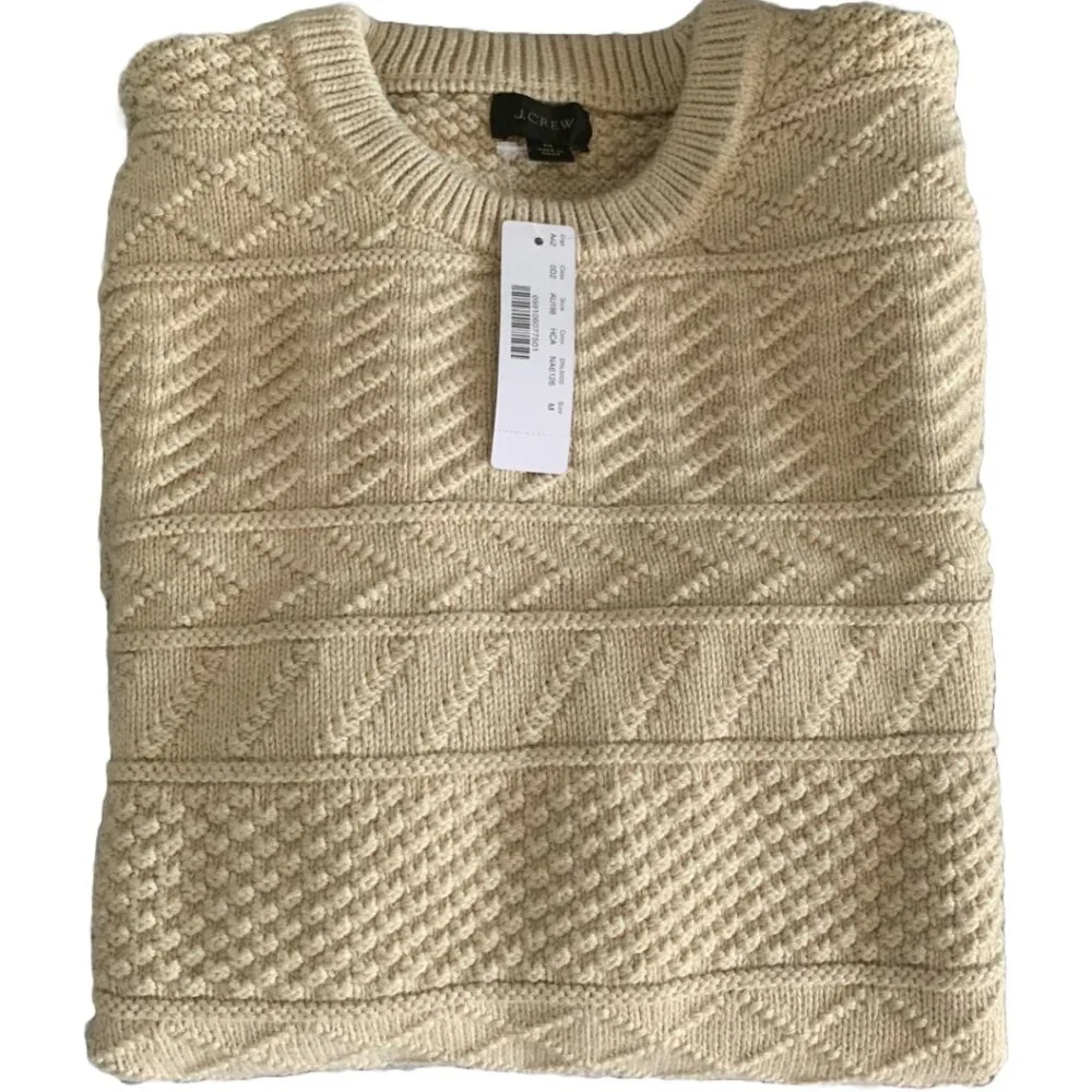 NWT J.CREW Men's Cream Cotton Sweater in Combination Guernsey Stitch Sz M - Picture 6 of 8